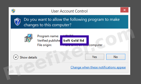 Screenshot where Soft Gold ltd appears as the verified publisher in the UAC dialog